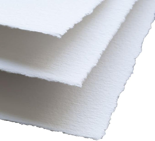 Handmade White Deckle Edge Blank Paper - 5x7 Inch Package of 50 - Mixed Media Loose Leaf Paper for Postcards, Invitations, Crafts and Announcements - Thick 150 GSM