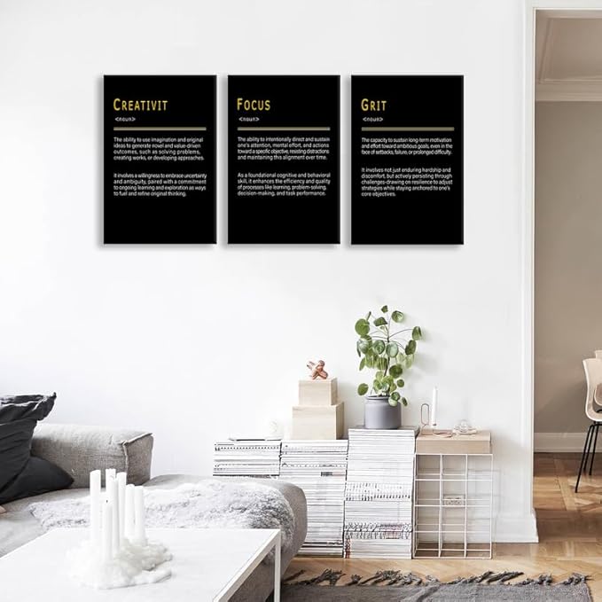 WYJDFART Motivational Wall Art CREATIVITY FOCUS GRIT Noun 3 Pieces Printed Canvas Poster Inspirational Wall Decor for Office Home School Bedroom Workplace Framed Ready to Hang [72''Wx 36''H]