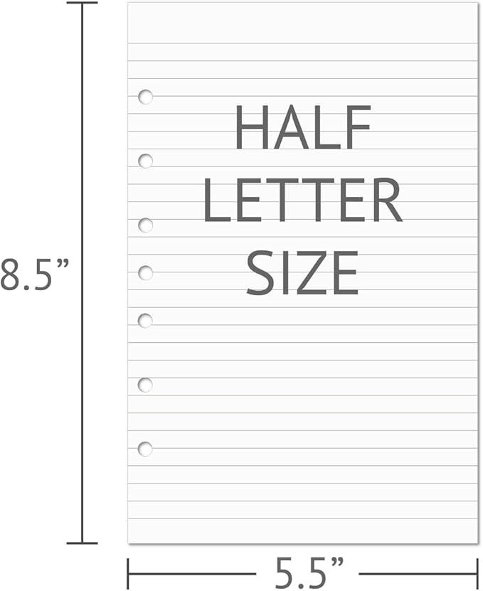 Lined Filler Paper for Mini Binder 5.5"x8.5", 100 Sheets College Ruled, 7-Hole, White