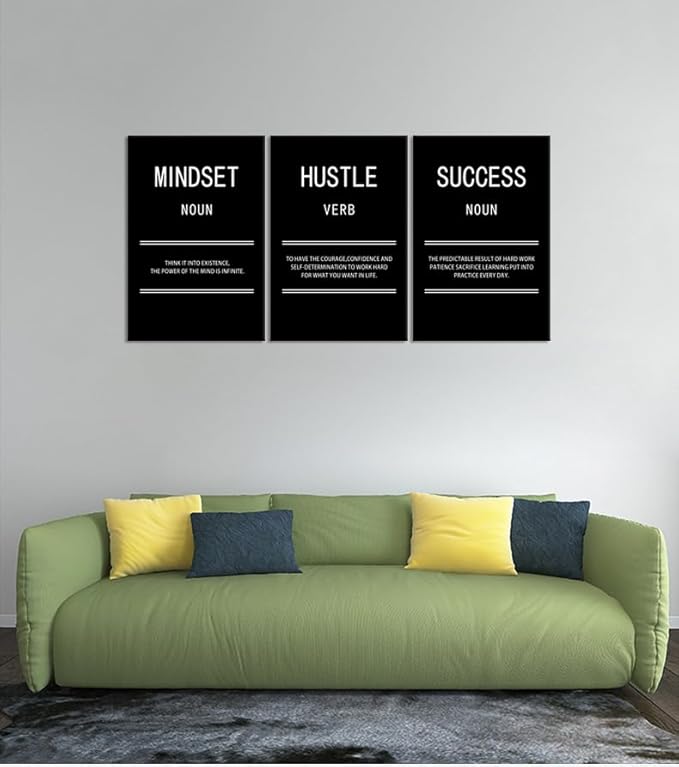 Inspirational Canvas Wall Art Mindset Hustle Success Office 3 Panel Print Motivational Poster Painting Modern Inspiring Artwork for Home Living Room BedRoom Gym Decor Ready to Hang [48''Wx 24''H]