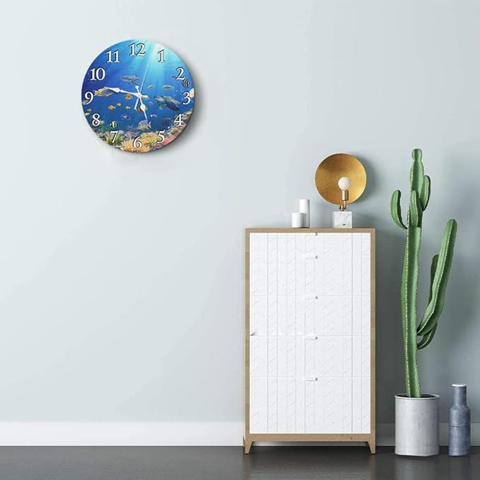 Britimes Round Wall Clock Silent Non-Ticking Battery Operated Clock 10 Inch, Underwater Coral Reef Tropical Fish Home Decor for Living Room, Bathroom, Bedroom, Kitchen, Office and School