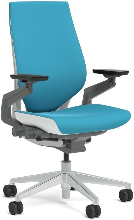 Steelcase Gesture Task Chair: Wrapped Back - Platinum Metallic Frame/Base/Seagull Accent - Roll Control Hard Floor Casters
