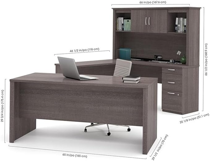Atlin Designs Modern Wood U Shape Computer Desk with Hutch, Bark Gray Finish, 1" Scratch-Resistant Surface, File Drawer, 95.5 x 66 x 66.5 in Office Desk for Home or Professional Workspace