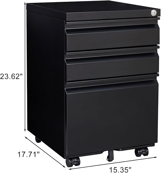 [Fully Assembled] 3-Drawer Lockable Mobile File Cabinet – Metal A4/Letter/Legal Size Storage for Home/Office, Pre-Assembled, Space-Saving Under-Desk Cabinet with Wheels (Black)