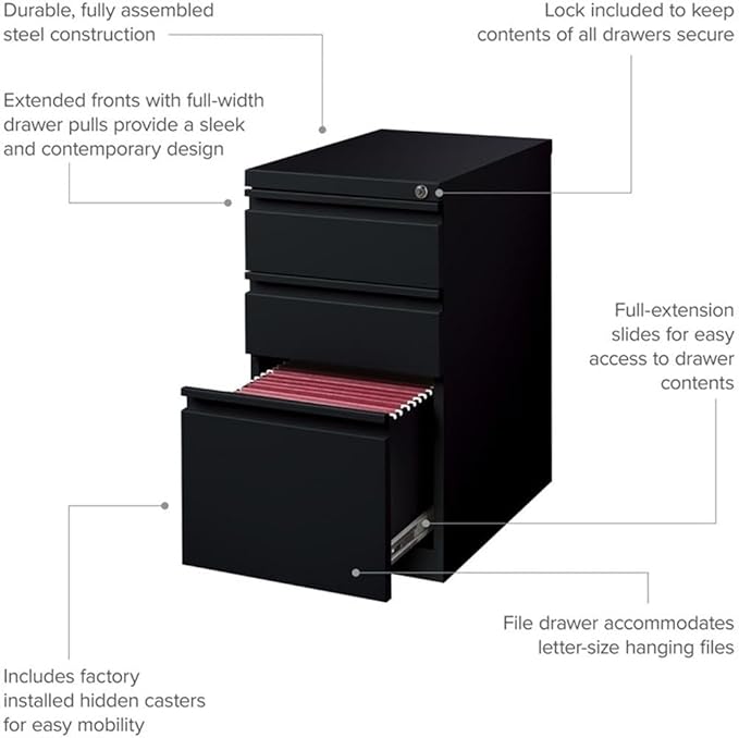 Hirsh Industries 3-Drawer Metal Mobile Pedestal, 20" Deep Box/Box/File Configuration, Black Finish, 27.75" H x 15" W x 19.88" D, Locking File Cabinet with Hidden Casters, Office Storage Solution