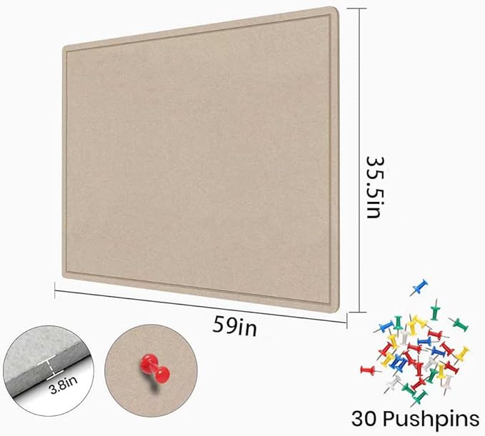 Large Cork Bulletin Board - 60 X 36 Inches With 30 Pushpins, 5' x 3' Pin Board for Walls, Self-Adhesive Felt Vision Board, Foldable Photo Board (Beige Brown)