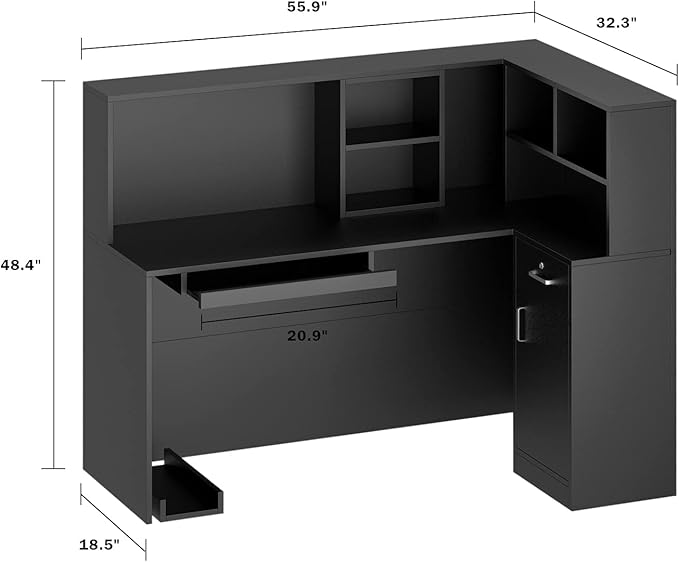 Homsee Reception Desk L-Shaped Office Desk with Counter, 1 Door Storage Cabinet, 1 Lockable Drawer, Hutch Shelf and Keyboard Tray, Black