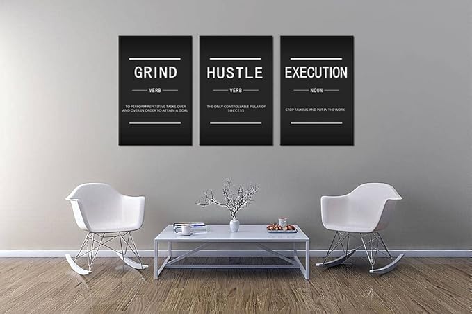 3 Pieces Grind Verb Hustle Verb Execution Noun Inspirational Wall Art Canvas Print Office Decor Inspiring Framed Prints Motivational Quotes for Wall Art Living roomDecor Ready to Hang[72''Wx 36''H]