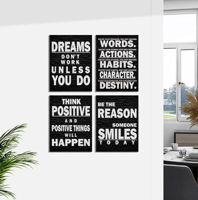 Black and White Motivational Wall Ar Poster Quotes for Office Workplace Gym School Positive Quotes Office Wall Decor Sign-Dreams Don't Work Unless You Do,Watch Your Thoughts, Think Positive, Be the