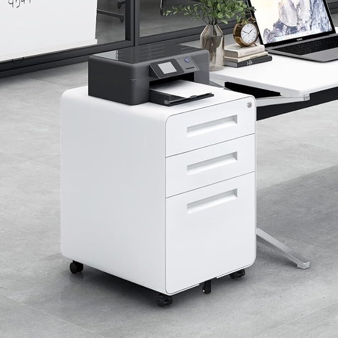 3 Drawer Mobile File Cabinet with Lock, Under Desk Storage Filing Cabinet for Home Office, Small Rolling File Cabinet for Legal, Letter and A4 Files (White)
