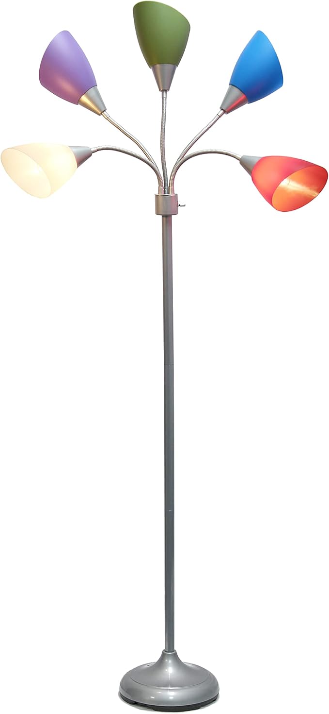 Simple Designs LF2006-SDM 67" Contemporary Multi Head Medusa 5 Light Adjustable Gooseneck Silver Floor Lamp with Primary Dark Multicolored Shades for Kids Bedroom Playroom Living Room Office