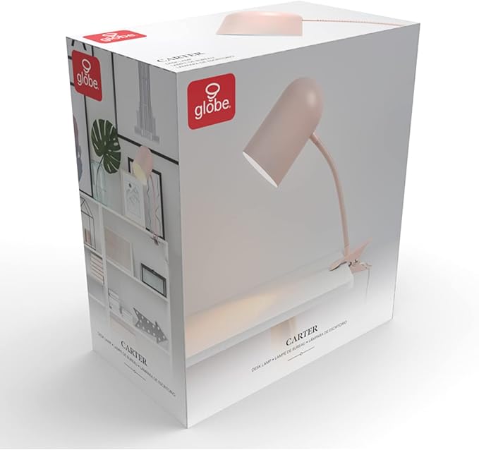 Globe Electric 52303 Carter 15" Clip-Arm Desk Lamp, Matte Pink, Adjustable Gooseneck Arm, in-Line On Off Switch