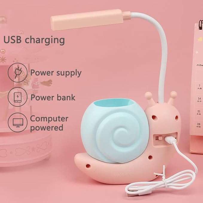 Cute Kids Lamp with Pen Holder,LED Desk Lamp for Child,Snail Shape USB Charging Student Learning Eye Protection Lamp with 360° Bendable Adjustable Neck Blue