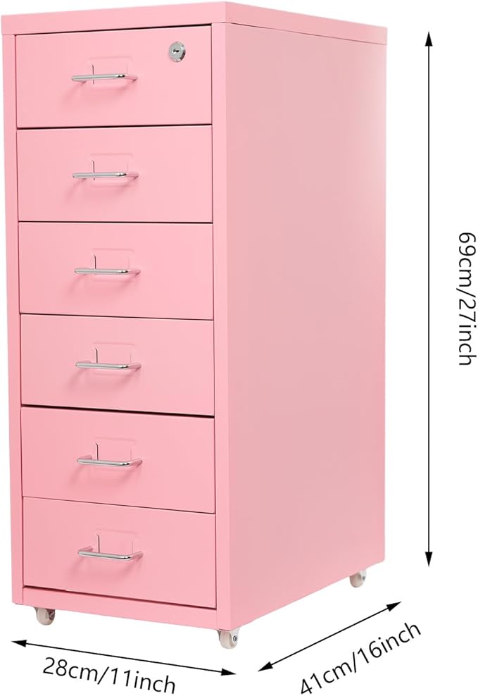 6 Tiers Metal File Cabinet with 6 Drawers Vertical Filing Cabinet with Lock & Wheels Freestanding Locking Storage Cabinet for Home Office, 11 * 16 * 27in (Pink)