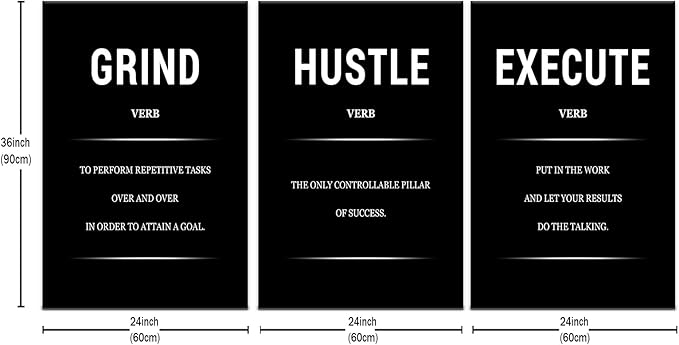 3 Piece Hustle Grind Execute Motivational Canvas Wall Art Inspirational Poster Office Wall Decor Picture Print Positive Quotes for Living Room School Artwork Stretched and Framed [72''Wx 36''H]