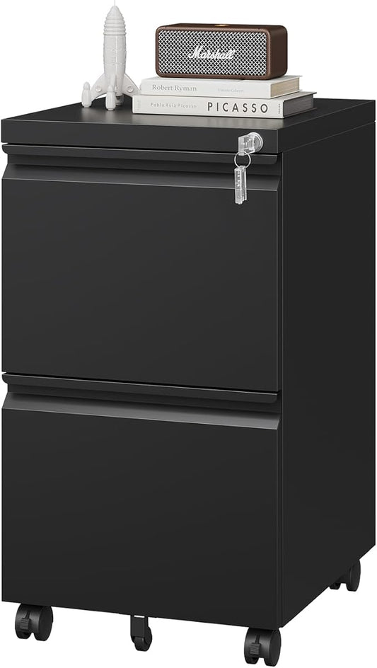 2 Drawer File Cabinet with Lock, Metal Under Desk Rolling Filing Cabinet fits Letter/Legal/A4 Size for Home Office, Mobile Filing Cabinets, Assemble Required, Black