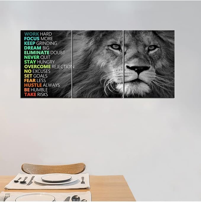 Inspirational Lion Wall Art 3 Pieces Poster Motivational Canvas Positive Wall Art Quotes Success Canvas Artwork Picture Print Framed for Home Office Living Room Gym Wall Decor [36''Wx 16''H]