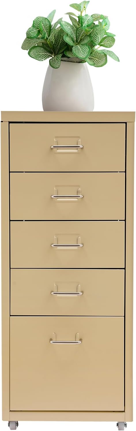 Metal File Storage Cabinet, 5 Drawer Vertical Filing Cabinets with Wheels Under Desk Storage Drawers, 11 * 16.1 * 27.1in Mobile File Cabinets Under Desk Cabinet for Bedroom, Office (Beige)