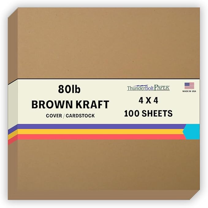 100 Brown Kraft Fiber 80# Cover Paper Sheets - 4" X 4" (4X4 Inches) Small Square Card Size - Rich Earthy Color with Natural Fibers - 80lb/Pound Cardstock - Smooth Finish