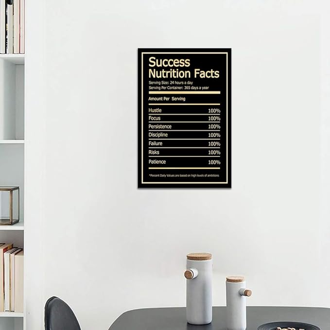 Modern Inspirational Picture Wall Art Black Success Nutrition Facts Motivational Quote Painting Prints on Canvas Artwork Stretched by Wooden Frame Easy to Hang for Home Office Decor - 12''W x 16''H