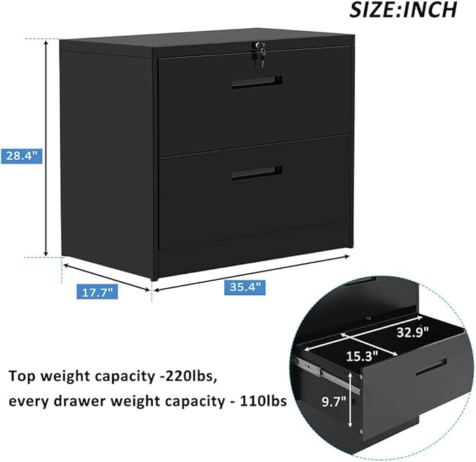 Lateral Filing Cabinet, 2 Drawer Metal Lockable File Cabinet for Commercial Grade Office Legal and Letter File (Black)