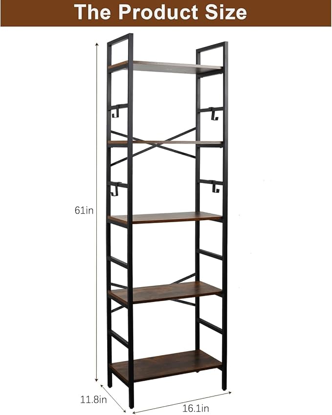 Luckyeestar 5Tier Storageshelves Bookshelf -, Metal Bookcase Shelving Unit- Modern Tall Narrow Bookshelf with 4 S-Hooks, Floor Standing Organizer for Home Office, Bedroom, Living Room Corner