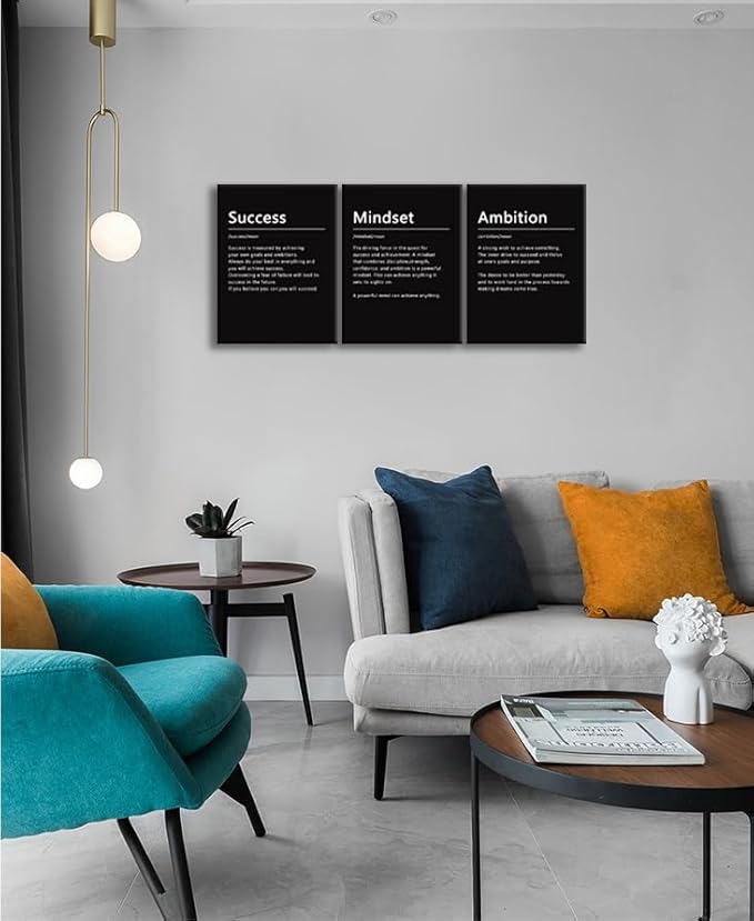 Inspirational Success Wall Art Mindset Ambition Noun Poster 3 Pieces Canvas Office Decor Inspiring Framed Prints Motivational Quotes Wall Art Decor Living Room Gym Ready to Hang[36''Wx 16''H]