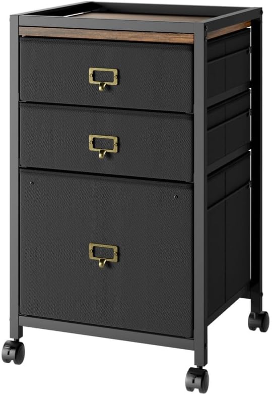 PULLAFUN 26.3" H 3 Drawer File Cabinet, Rolling File Cabinet Under Desk, Mobile File Cabinets for Home Office Vertical Office Storage Cabinet for Letter Size File Folders, Black