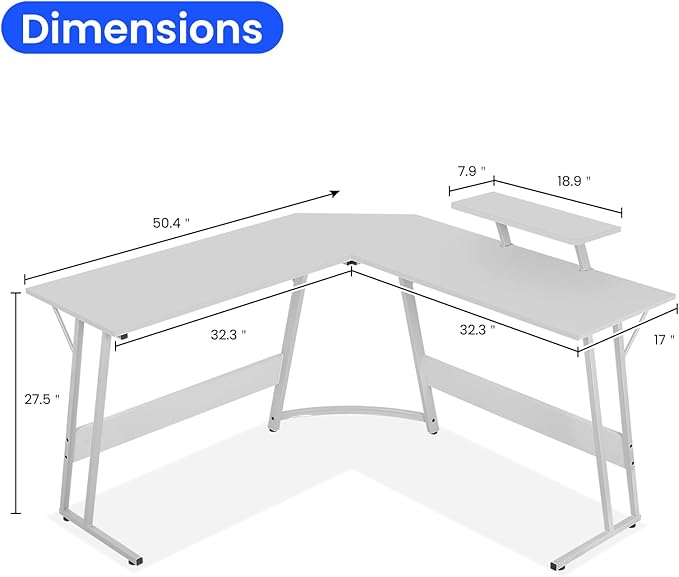 L Shaped Gaming Desk, 50 Inch Corner Desk, Office Computer Desk with Large Monitor Stand for Home Office Sturdy Writing Workstation, Easy to Assemble, White