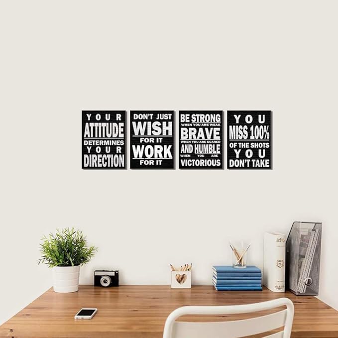 Deergar 4pcs 12x16 inches Black and White Inspirational Wall Art, Modern Art Deco, Motivation Quotes, Office Art, Positive Poster, Wooden Wall Mount, 4 count