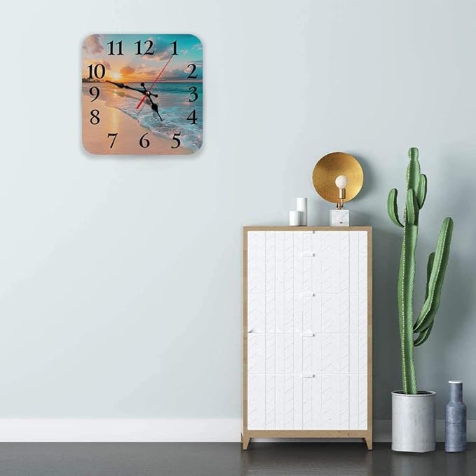 Britimes Wall Clock, Square Silent Non-Ticking Battery Operated Clock 12 Inch, Sea Beach Blue Sky Sand Home Decor for Living Room, Bathroom, Bedroom, Kitchen, Office and School