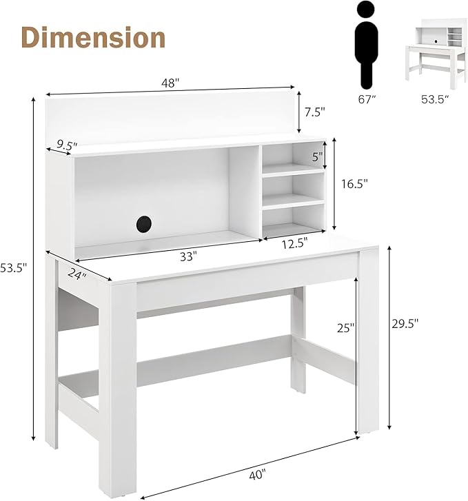 Tangkula 48“ Computer Desk with Hutch, Home Office Writing Study Desk with Storage Shelves, Cable Management Hole, Laptop Desk, Desk for Bedroom, Computer Workstation (White)