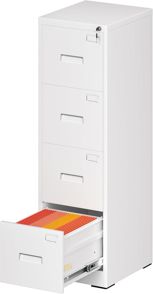 Greenvelly 4 Drawer File Cabinet with Lock, Metal Filing Cabinet for Home Office, Locking Vertical File Cabinet, 18" D File Cabinets for Home Office, Easy Assemble (White)