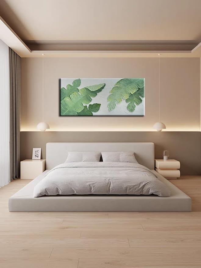 YaSheng Art- Handmade Modern Wall Art Oil Paintings , 3D Textured Wall Art Green Large leaf plant Artwork paintings ,Modern Minimalist Abstract Wall Art painting, Wall Art for living room Bedroom Wall Deco Home, Framed Wall Art Pictures 24X48 Inches