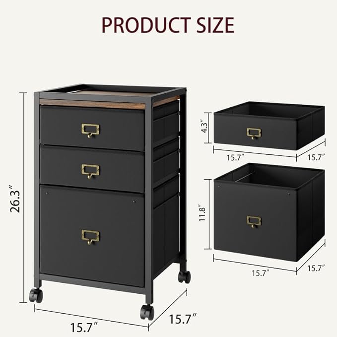 PULLAFUN 26.3" H 3 Drawer File Cabinet, Rolling File Cabinet Under Desk, Mobile File Cabinets for Home Office Vertical Office Storage Cabinet for Letter Size File Folders, Black