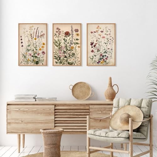 Vintage Wildflower Watercolor Framed Canvas Wall Art Set, Retro Flower Botanical Wall Decor, Colorful Floral Wall Painting, Flower Illustration Art Prints for Living Room, Bedroom 24"x36"x3