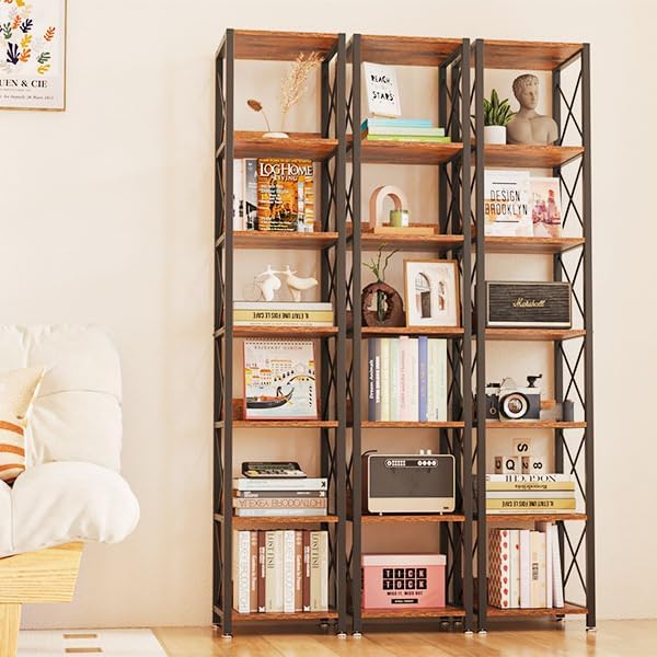 IBUYKE 6-Tier Tall Narrow Bookcase,Wood Corner Shelf Storage Display Rack for Small Spaces,Free Standing Open Bookshelf Square Shelf Tower for Home Office Living Room Bathroom, Rustic Brown UTBC001H