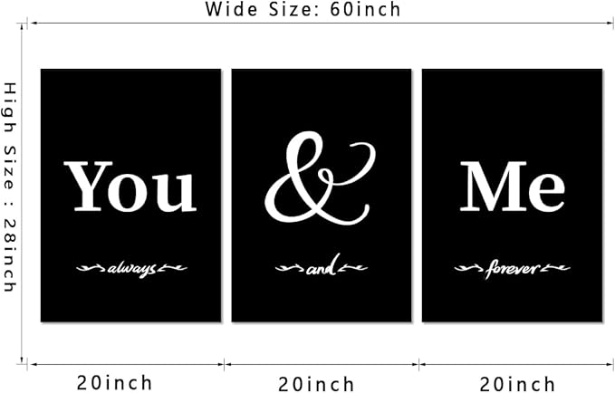 3 Panel You and Me Wall Art - Framed Romantic Bedroom Canvas Painting Black and White Wall Decor Inspiring Words Always & Forever Print Poster Modern Home Decor for Bathroom Living Room, 20" x 28"x 3