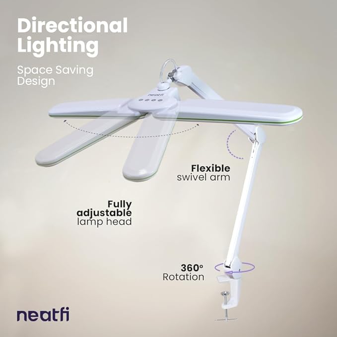 Neatfi Elite HD XL LED Desk Lamp | 3 Light Modes | Non-Polar Dimming | Eye-Caring Desk Light for Home Office, Drafting, Beauty Shop, Workbench (Green Ring, CCT with Clamp)