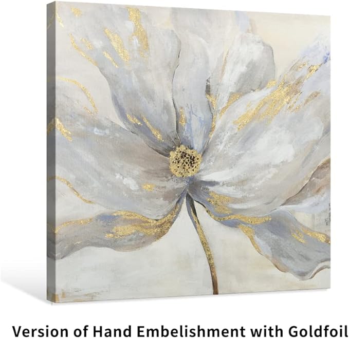 Goldfoilart Floral Wall Art Gold Flower Canvas Pictures with Foil Embellishment Painting Grey Print Framed Artwork for Bedroom Bathroom Living Room Office Wall Decor 24" x 24"