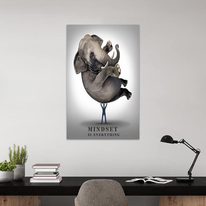 Abstract Large Office Canvas Artwork HD Print Painting Pictures Mindset is Everything Print Poster Elephant and Business Man Wall Art Gallery Wrapped Framed Home Classroom Study Room Decor-28 Wx44 H