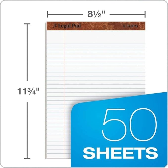Tops 8.5 x 11 3/4 Legal Pads, The Legal Pad Brand, Wide Ruled, White Paper, 50 Sheets Per Writing Pad, Made in the USA (7533) 12 Count (Pack of 6)