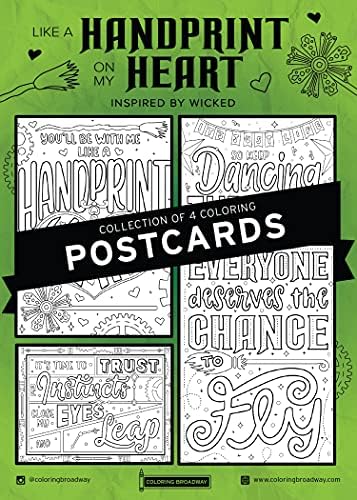 WICKED | “Like a Handprint on My Heart” Collection | 4 Individual COLORING POSTCARDS by Coloring Broadway | Hand-drawn illustrations - Printed on matte card stock (5 x 7) - Set of 4, black