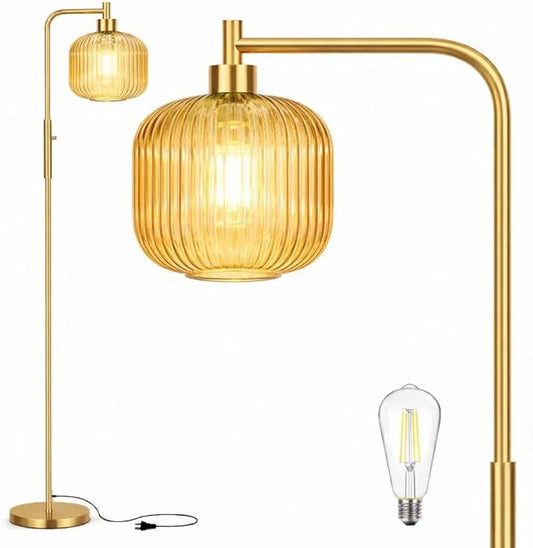 Glass Floor Lamp for Living Room, Dimmer Standing Lamp with Green Ribbed Lampshade,66” Tall Lamp & Gold Floor Lamp for Bedroom Study Room,Brushed Gold (Drum Amber Glass Shade)