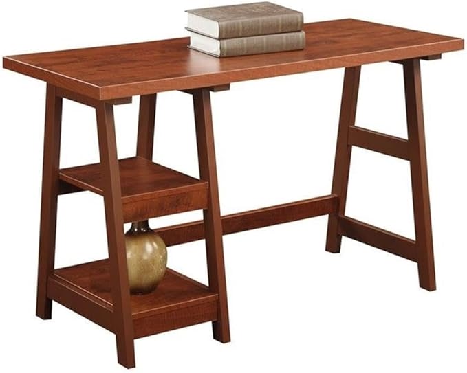 Convenience Concepts Designs2Go Trestle Desk 47" - Modern Desk or Vanity with Shelves, for Office, Dorm, Living Room, Cherry