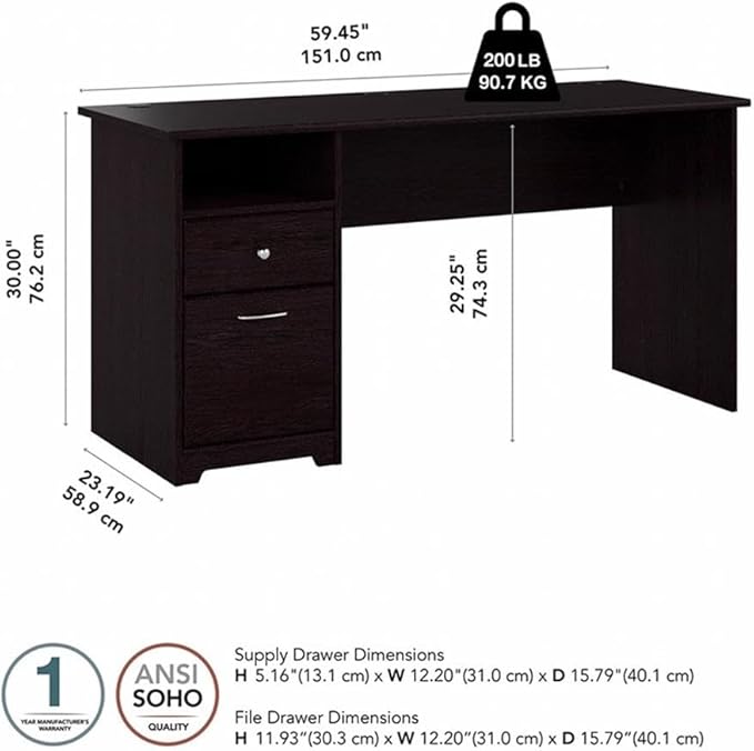 Bush Home Cabot 60W Computer Desk with Drawers in Espresso Oak, Workstation and File Storage, Desktop with Organization Solutions for Home Office