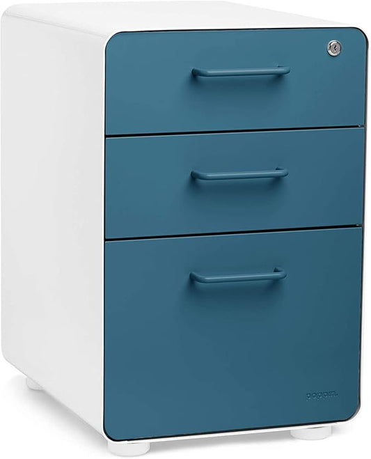 Poppin Stow 3-Drawer File Cabinet - White + Slate Blue, 2 Utility Drawers and 1 Hanging File Drawer, Fully Painted Inside and Out, Powder-Coated Steel, Two Keys Included, Stationary