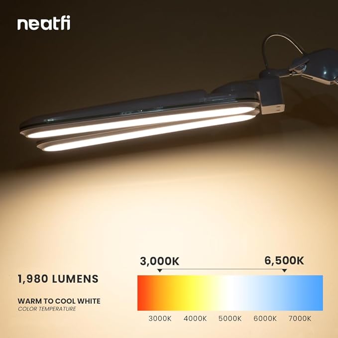 Neatfi Elite HD XL LED Desk Lamp | 3 Light Modes | Non-Polar Dimming | Eye-Caring Desk Light for Home Office, Drafting, Beauty Shop, Workbench (Pink Ring, CCT with Clamp)