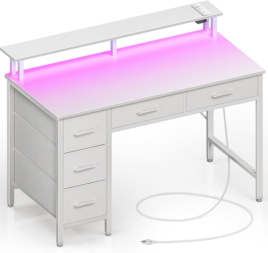 Seventable Computer Desk with Power Outlets & LED Light, 39 inch Home Office Desk with 5 Drawers, Writing Desk with Monitor Stand, Work Desk for Home Office, White