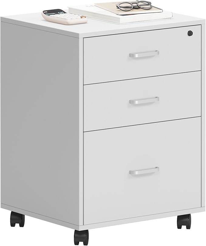 Need 3 Drawer Wood Mobile File Cabinet with Lock,Rolling Filing Cabinet for Letter/A4 Size for Home Office,White,10CZLXFC04WT-ND-XIN